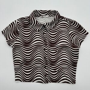 Garage Brown White Wavy Psychedelic Stripe Button Down Crop Top Womens Small
